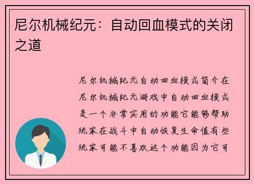 尼尔机械纪元：自动回血模式的关闭之道